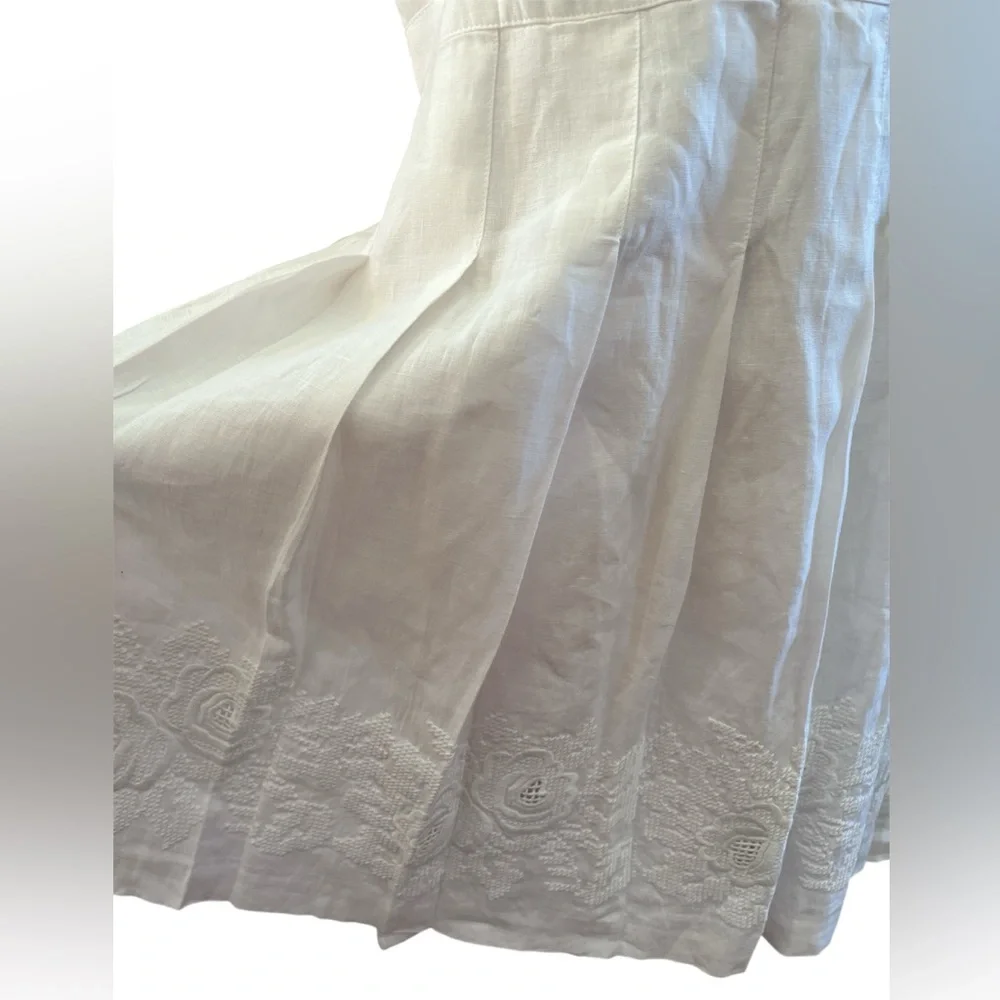 Laureen Ralph Lauren White Linen A-Line Dress w/Pleats & Embroidered detail 14 - Picture 4 of 17